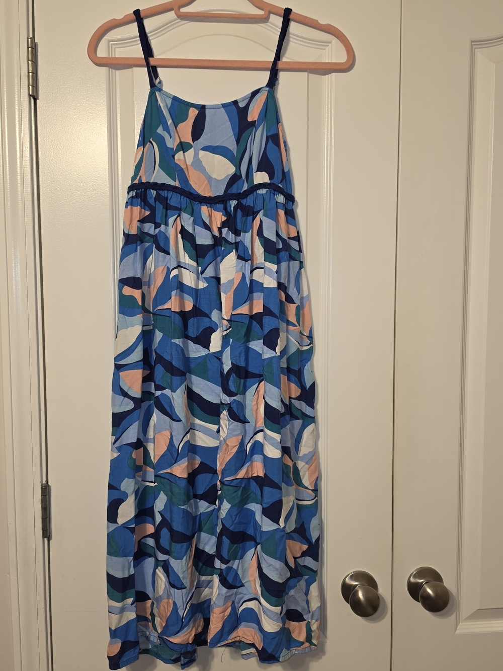 Blue Abstract Print Maxi Sundress with Adjustable Straps